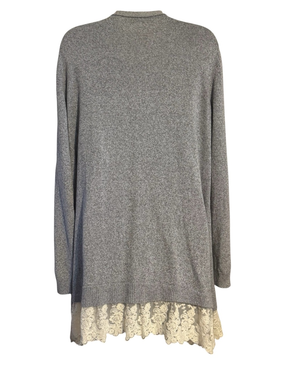 LOGO  Gray Button Front Cardigan with Cream Lace Trim Linen Blend - Picture 8 of 12